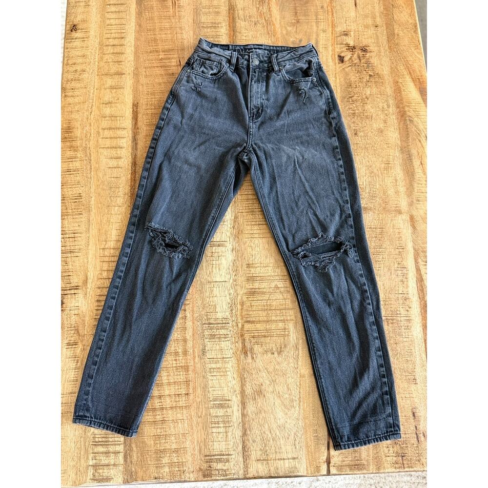 American Eagle Mom Jean Black Wash Distressed Mid Rise Size 00 Real Good Denim - Picture 4 of 14